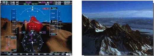 Le relief tel que le recrée le système de vision synthétique de la suite avionique Prodigy de Garmin équipant le Phenom 300 d'Embraer