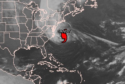 Photo satellite montrant l'arrivée du cyclone Sandy sur la côte nord-est des Etats-Unis (29 octobre 2012, 1h30)