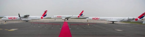 Echantillon représentatif de la flotte de HOP! : un ATR 72-500, un Embraer 190 et un CRJ 1000. 