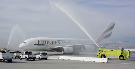 L'A380 d'Emirates à son arrivée à Los Angeles après 16 heures et 20 minutes de vol.