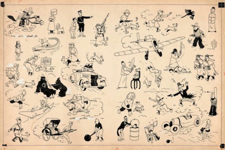 2. Pages de garde bleu foncé, encre de Chine pour les pages de garde des albums des aventures de Tintin publiés de 1937 à 1958.