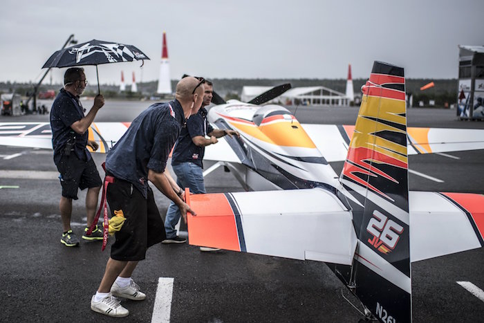 Team members of Juan Velarde of Spain work prior to the finals at the sixth stage of the Red Bull Air Race World Championship at Eurospeedway in Lausitz, Germany on September 4, 2016. // Predrag Vuckovic/Red Bull Content Pool // P-20160904-00914 // Usage for editorial use only // Please go to www.redbullcontentpool.com for further information. //