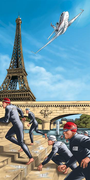 Le dessinateur Jean-Michel Arroyo a créé un visuel pour marquer la participation de l'équipe Dassault Falcon au triathlon de Paris 2011