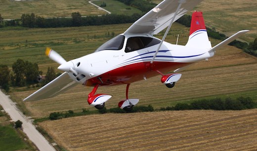 Le monomoteur Tecnam P2008 avec son fuselage en fibre de carbone, ses ailes et sa profondeur métalliques.