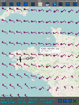 SDVFR permet d'afficher les wintems sur 18 niveaux différents (FL005 au FL150) sur 24 heures de prévisions