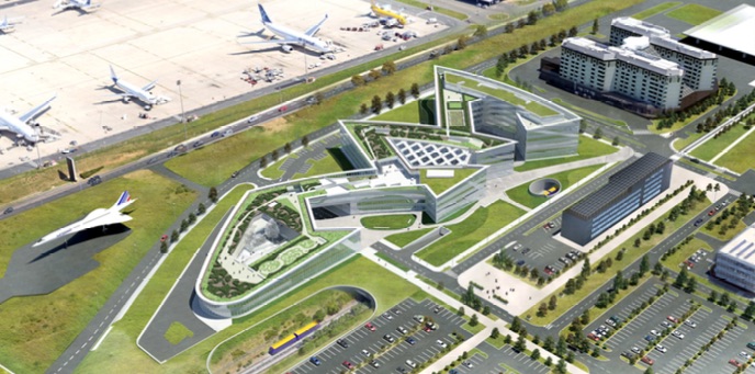 Perspective offrant une vue d'ensemble du siège social d'Aéroports de Paris sur l'aéroport Paris-Charles de Gaulle.