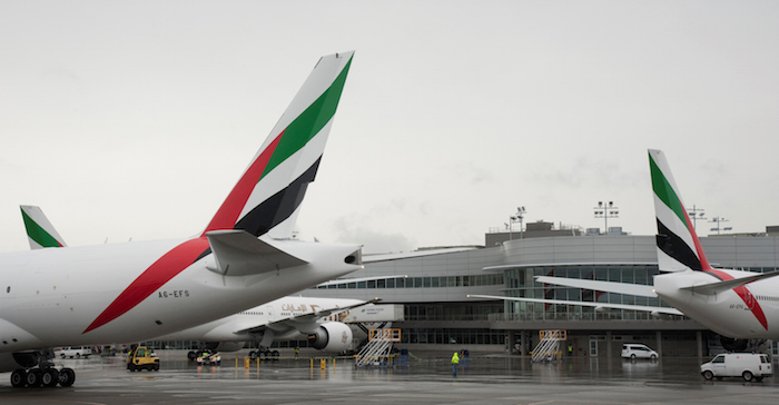 Les trois 777 livrés simultanément par Boeing à Emirates, le 3 septembre 2015