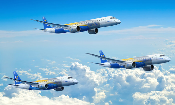 Les E-jets E2 d'Embraer doivent entrer en service progressivement, le premier sera l’E190-E2 en 2018, suivi de l’E195-E2 en 2019 et de l’E175-E2 en 2020.