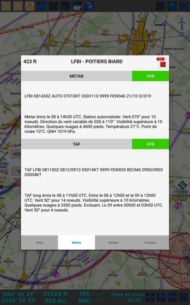 En plus des traditionnels Notams et informations météo, SDVFR permet l'affichage des zones très basse altitude