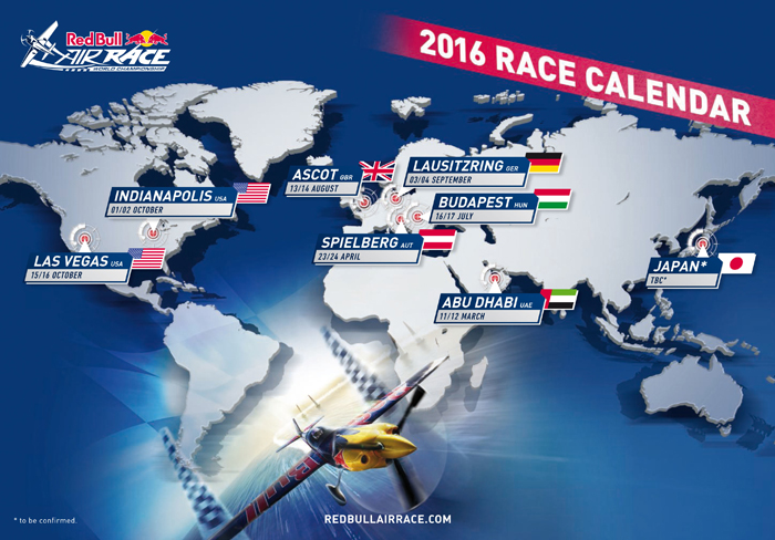 Huit manches dans sept pays différents composent la saison 2016 du Championnat Red Bull Air Race. La France fait toujours figure de grande absente de cette compétition.