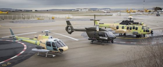 Les trois premiers appareils de la gamme « HForce » avec de gauche à droite le H125, le H145M et le H225M. Seul ce dernier est pour l’instant équipé d’un véritable système de mission.