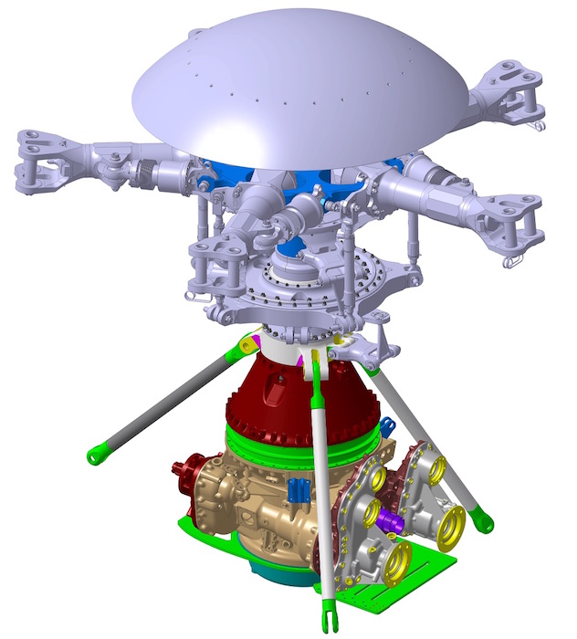 Une vue de la tête rotor (en haut) et de la boîte de transmission principale (en bas) du H225, avec les trois jambes concernées par l’inspection.