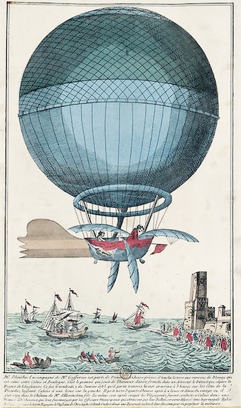 Jean-Louis Blanchard fut, le 7 janvier 1785, le premier aéronaute à traverser la Manche d’ouest en est, avec comme passager le docteur Jeffries. Le ballon à gaz était initialement muni de rames dans un souci de dirigeabilité, qu’il fallut jeter par dessus bord pour éviter de tomber à l’eau !