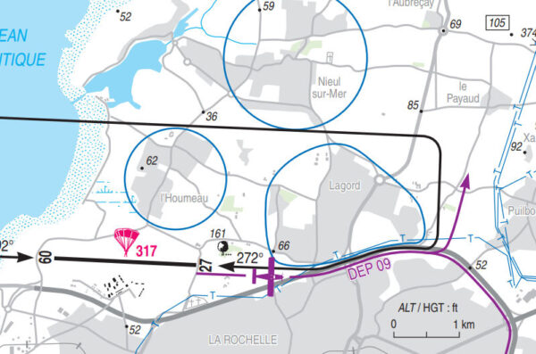 Extrait de la carte d'approche à vue de La Rochelle, montrant le cheminement pour les atterrissages en 27 et départs en 09