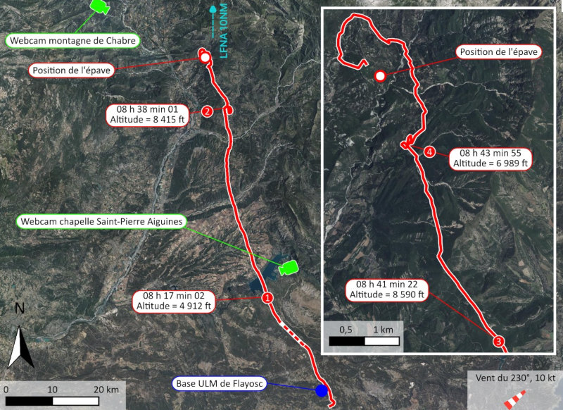 Trace du vol du 3A-ULM et zoom sur la zone de l'accident